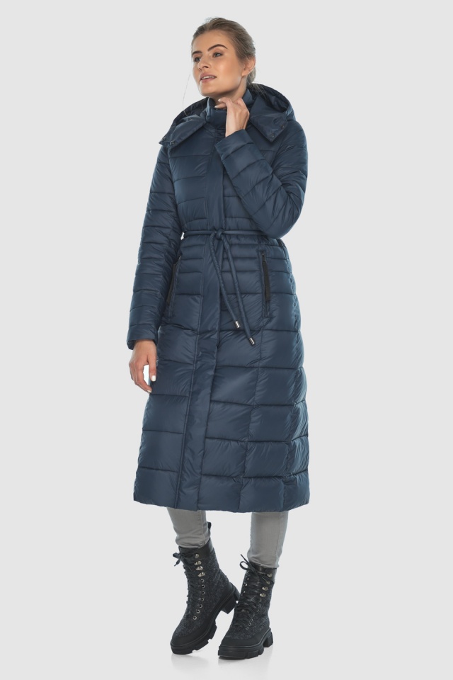 Довга жіноча куртка синя з манжетами осіння модель 21375 Ajento фото 2