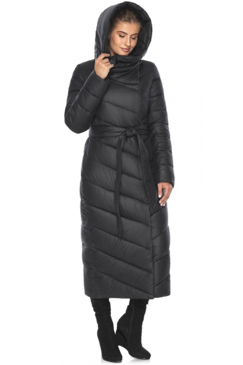 Длинная чёрная женская куртка с поясом модель M6471 Moc – Ajento – Vivacana фото 1