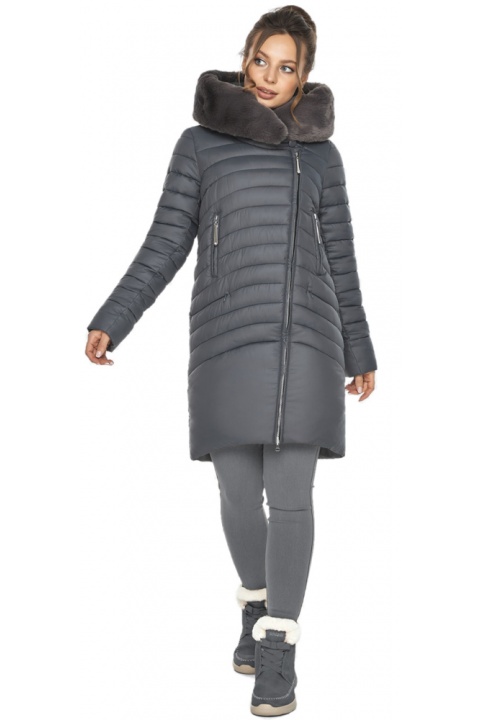 Женская серая куртка с опушкой из искусственного меха модель 533-28 Ajento – Wild фото 1