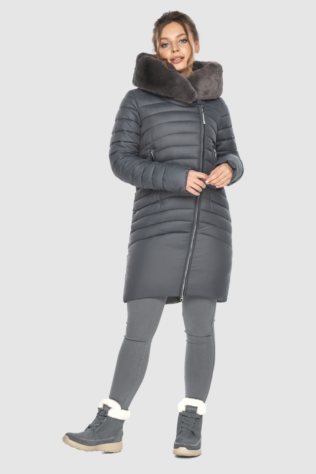 Женская серая куртка с опушкой из искусственного меха модель 533-28 Ajento – Wild фото 2
