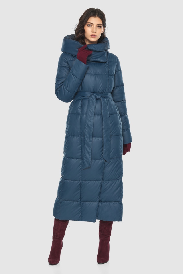 Зимняя удлинённая женская синяя 2 куртка модель M6321  фото 2