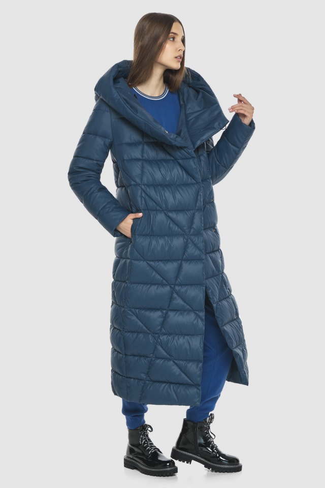 Длинная женская синяя 3 куртка с глубоким капюшоном модель M6715  фото 6
