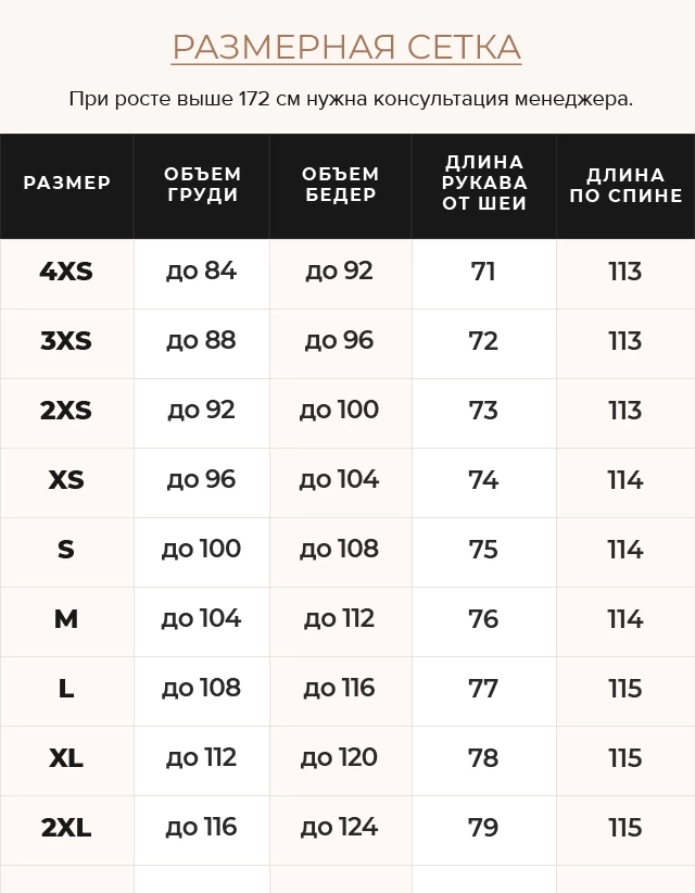 Таблица размеров Универсальная женская зимняя курточка цвет сепия модель 59230