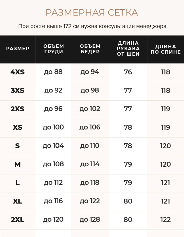 Таблица размеров Куртка женская элегантная в цвете сепии модель 53140