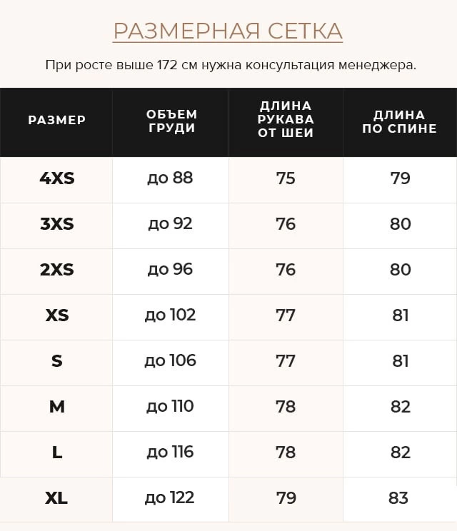 Таблица размеров Курточка морионовая женская воздушная модель 57998