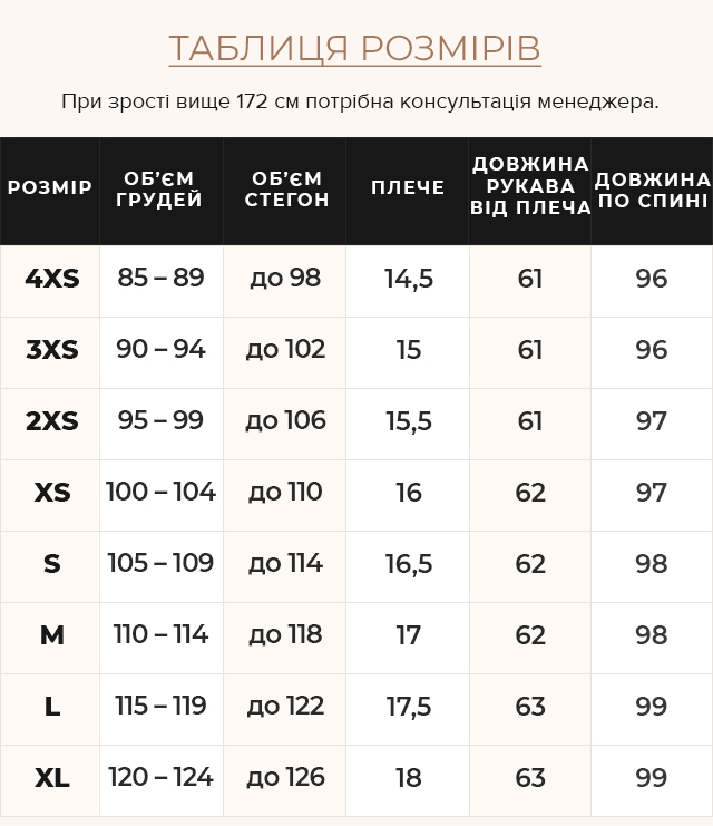 Таблиця розмірів Куртка графітова жіноча зимова модель 47150